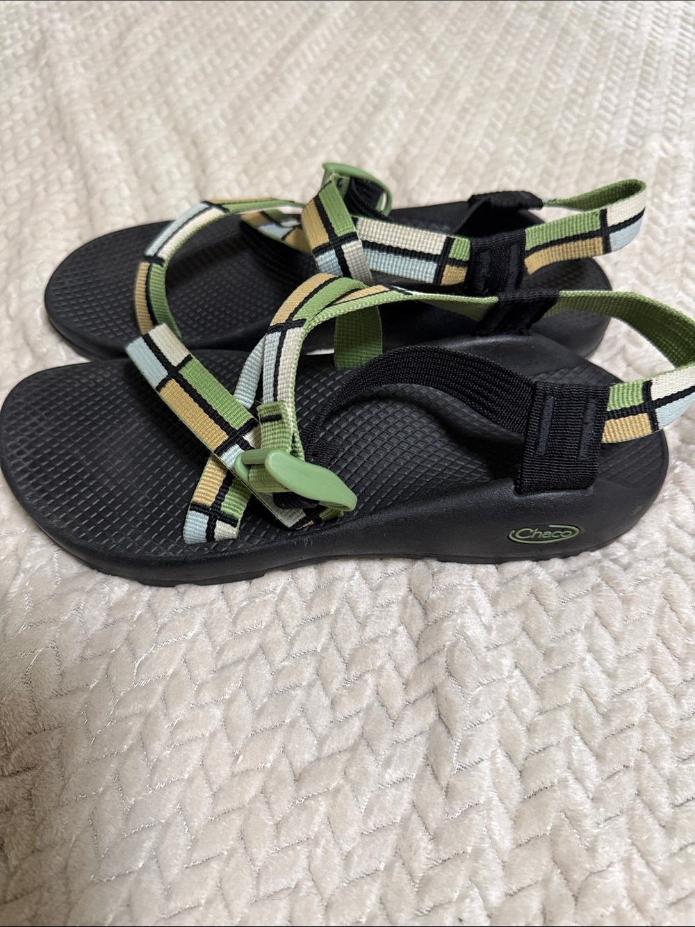 Chaco Woman’s ' Black Sandals with Green and Cream Straps